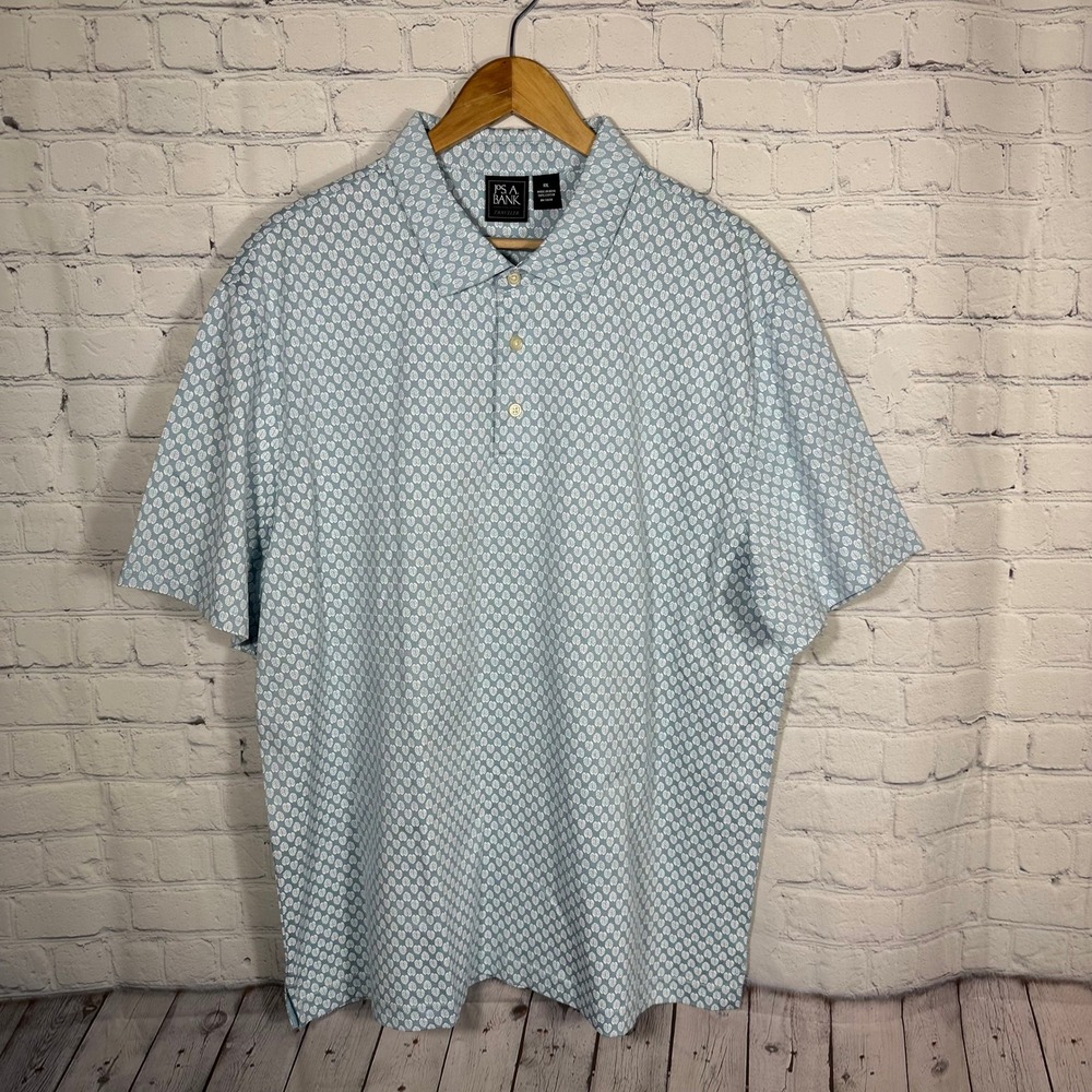 Jos A Bank Traveler Mens XXL Polo Shirt Blue White Leaf Print 100% Cotton Short